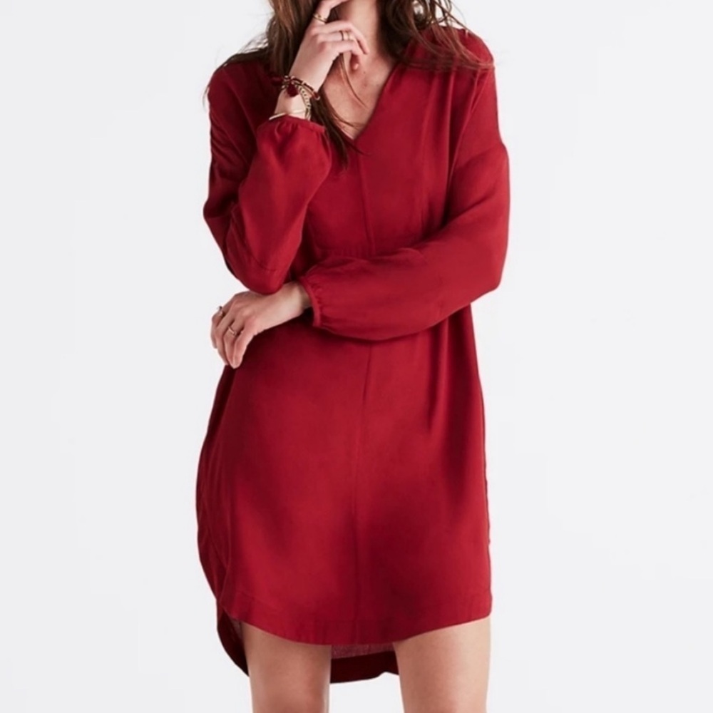 MADEWELL Dress Du Jour Tunic Dress Size XXS V-Neck Pockets L/S Red Garnet Womens